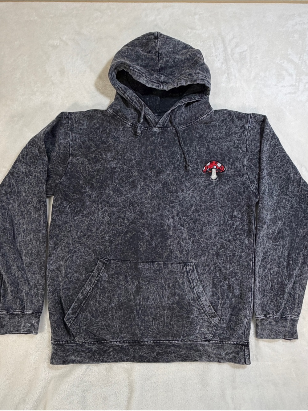 Eighty Eight Black Acid-Wash Hoodie with Red Mushroom Patch